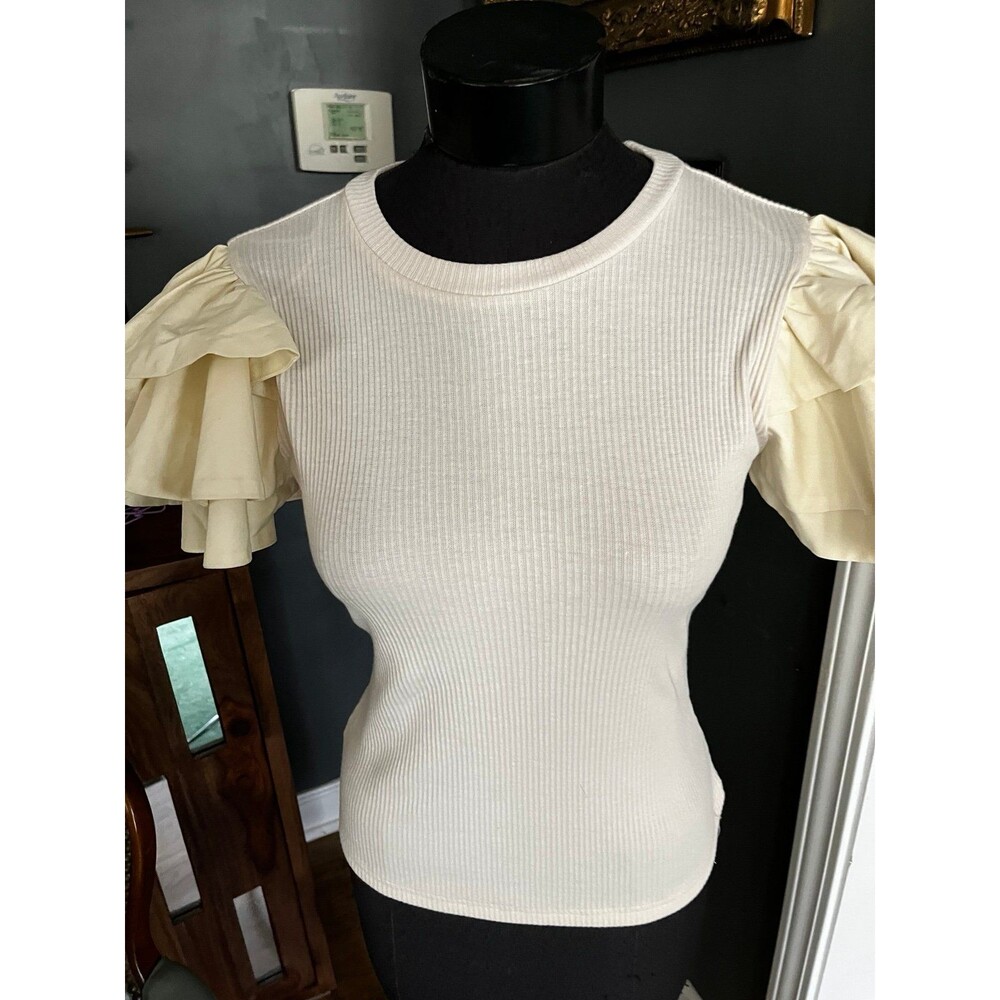Anthropologie Aureum Off White knit T Shirt Top with Layered Ruffled Sleeves S